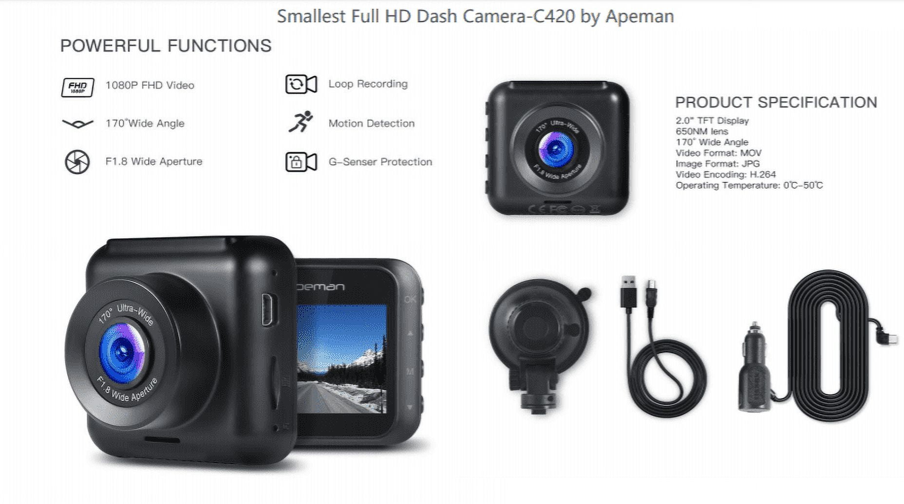 Apeman C450 1080P Full HD Dash Camera, Black, with 3 inch Large