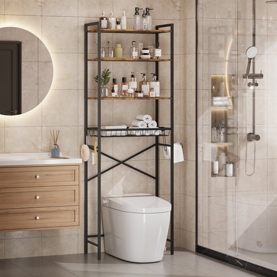Aiho Over The Toilet Storage Shelf, 4-Tier Freestanding Bathroom Organizers and Storage, above Toilet Space Saver Rack with Adjustable Leg Pads, Toilet Paper Holder and 3-Hooks - Rustic Brown