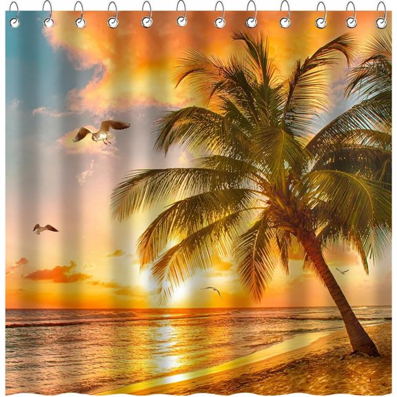 Tropical Beach Shower Curtain Summer Coastal Shower Curtain for Bath Palm Tree Shower Curtain Outdoor Ocean Wave Nature Sun Waterproof Fabric Shower Curtain with 12 Hooks