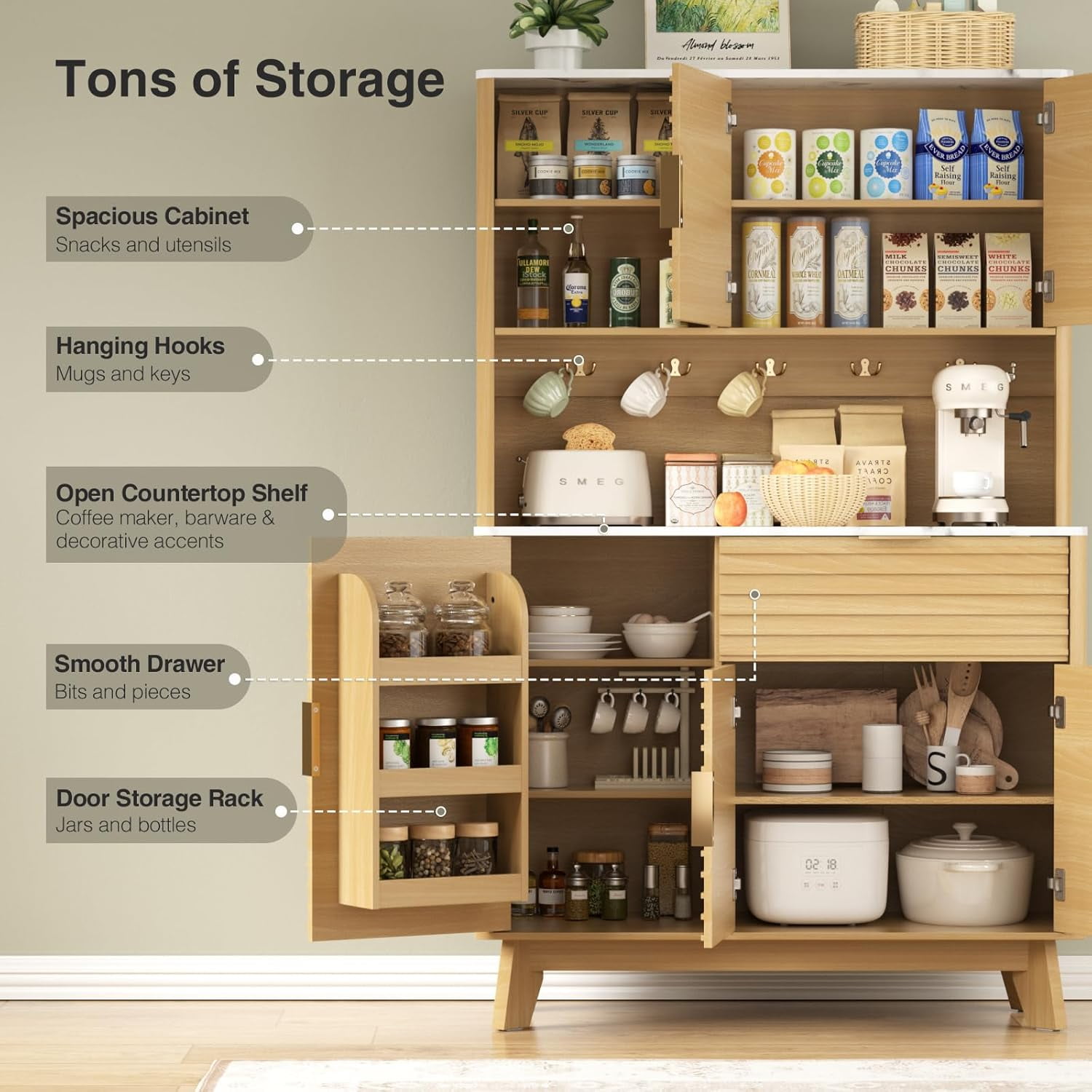 Vabches Pantry Cabinet with Fluted Kitchen Hutch and Charging Stations, Buffet Storage Cabinet with Large Countertop, Drawers & Shelves, Natural