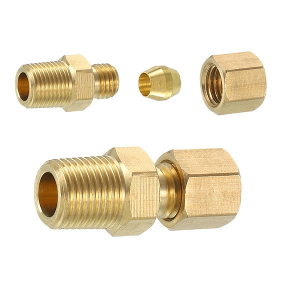 2Pack Brass Pipe Fitting, 1/8" OD x 1/8" NPT Male Brass Compression Tube Fitting, Brass Compression Union Connector, Brass Straight Coupling Adapter Fitting Fit 1/8" Pipe