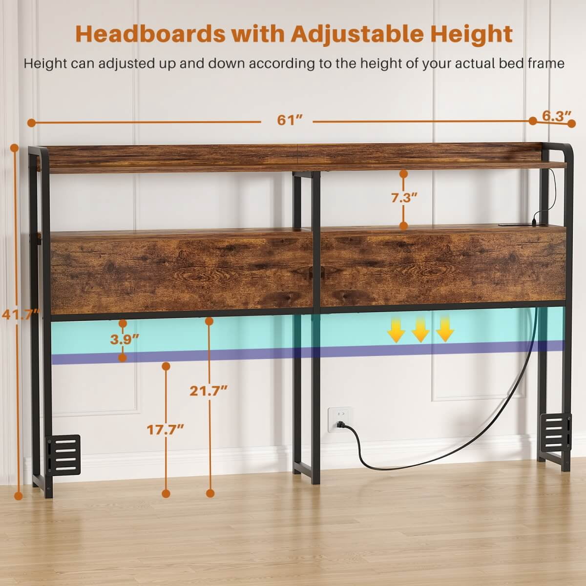 Homieasy Headboard for Queen Size Bed Frame, Headboards with Outlets, USB Ports and LED Light, Head Board with Storage, Height Adjustable, Sturdy and Stable Headboard, Rustic Brown