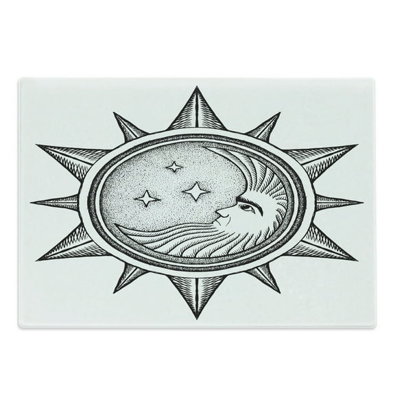 Occult Cutting Board, Moon Inside the Sun with Stars Alchemy Clandestine Esoteric Solar Crescent Art, Decorative Tempered Glass Cutting and Serving Board, Large Size, Black Grey, by Ambesonne