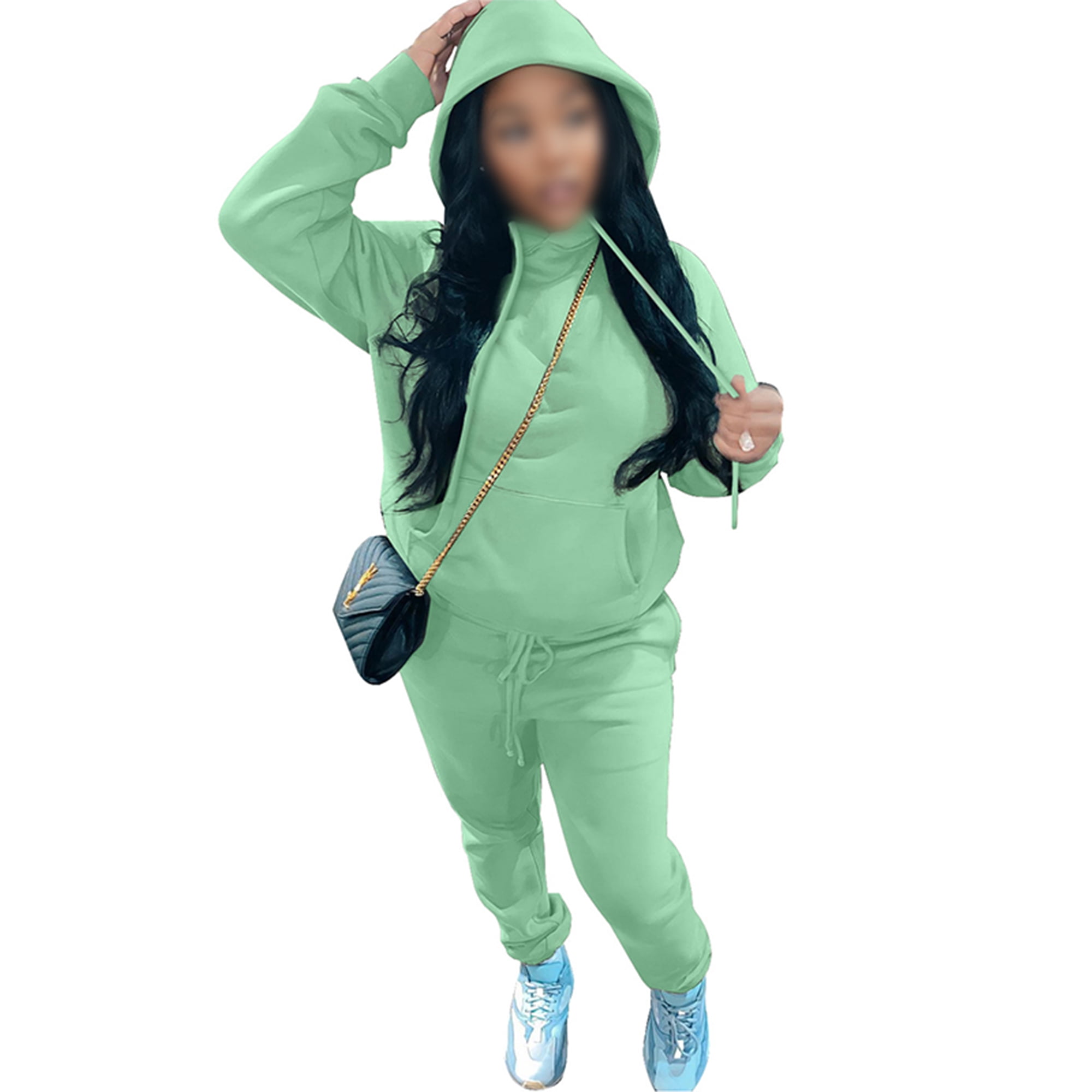 MAWCLOS Ladies Two Piece Outfit Drawstring Tracksuit Sets Long Sleeve Jogger Set Straight Leg Sports Hooded Neck Sweatsuits Mint Green M Walmart