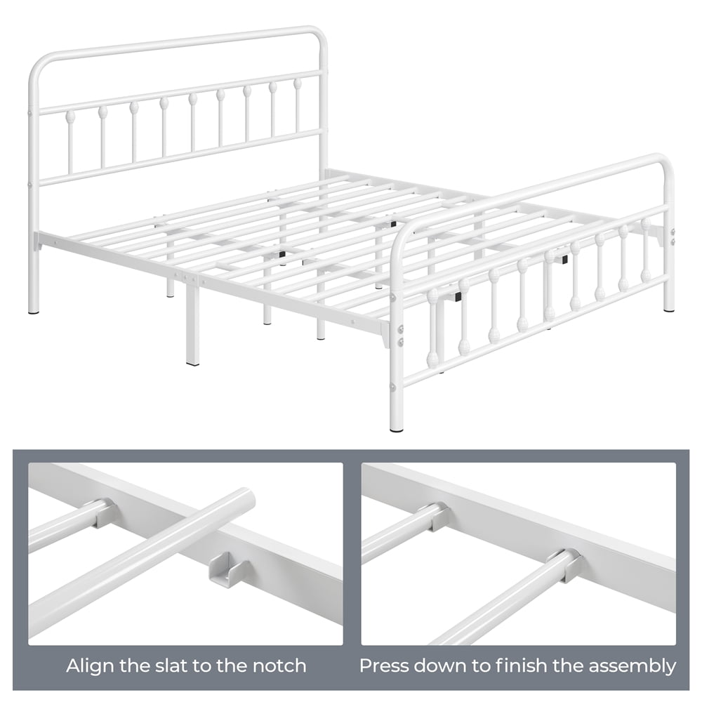 Fullfurnique Classic Iron Platform Bed Frame with High Headboard and Footboard, King, White