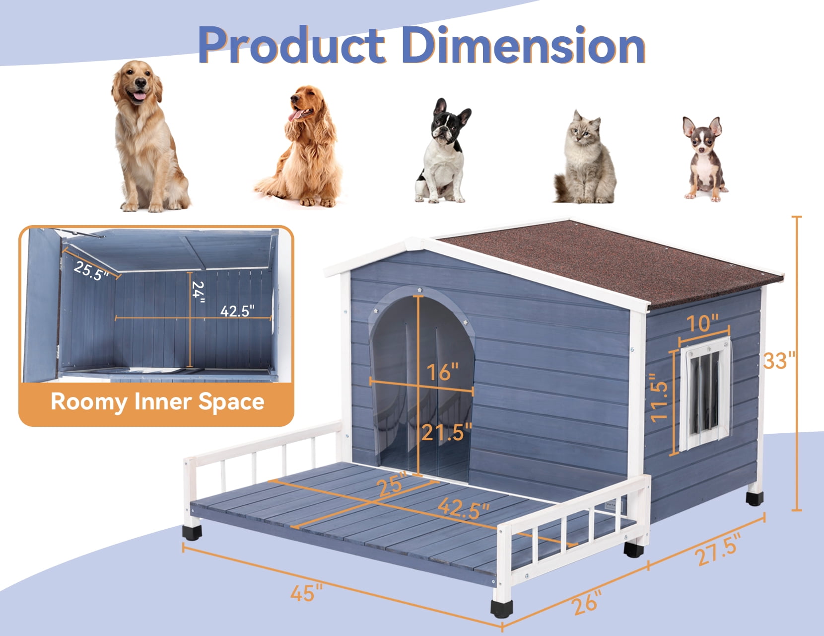 Petsfit Large Wooden Outdoor Dog House with Terrace, Elevated Floor and Openable Roof