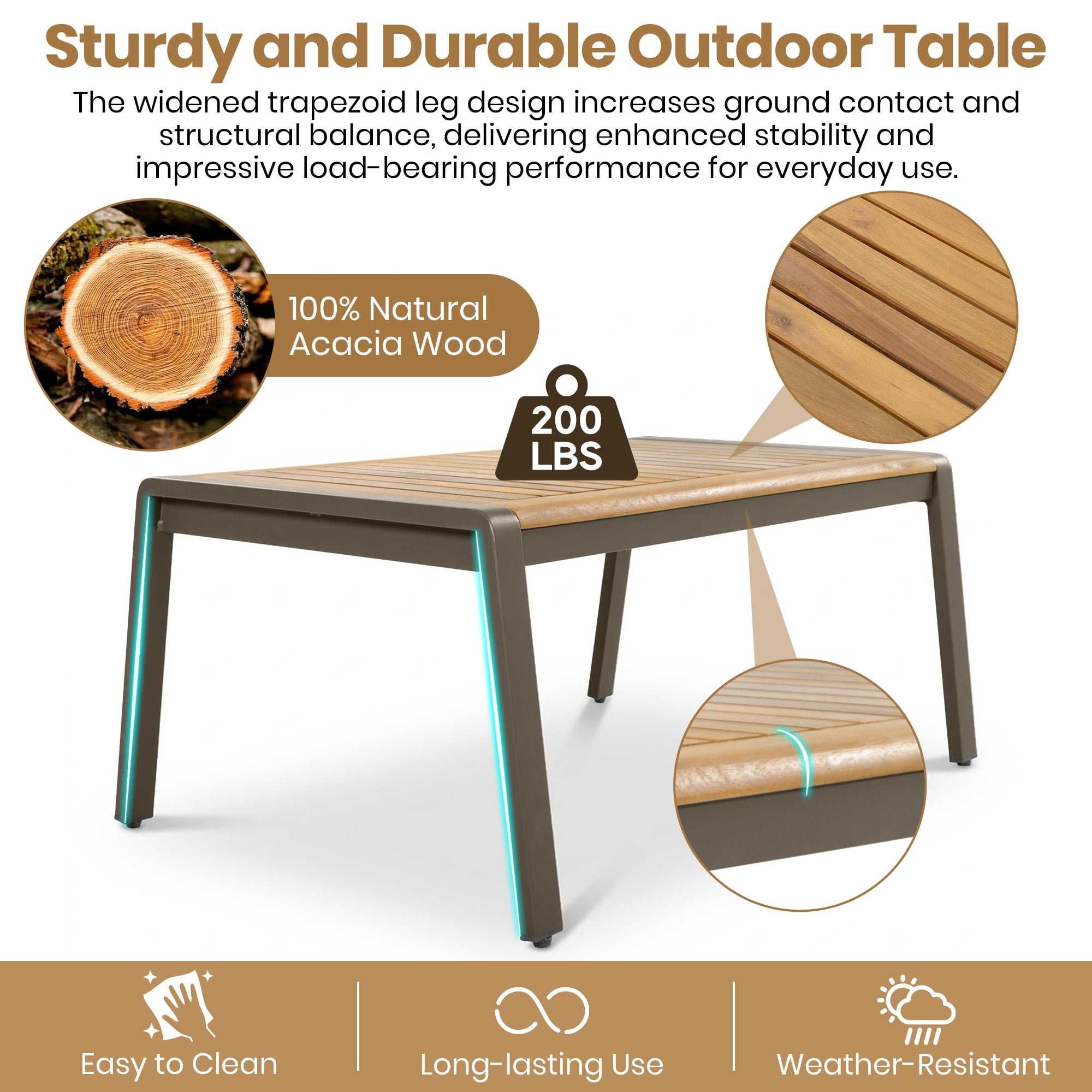 Complete 6-Piece Outdoor Patio Furniture Set with Steel Frame Sofa, 3-Seat Couch, 2 Armchairs, 2 Ottomans and Acacia Wood Coffee Table, Cushions for Backyard Garden, Brown