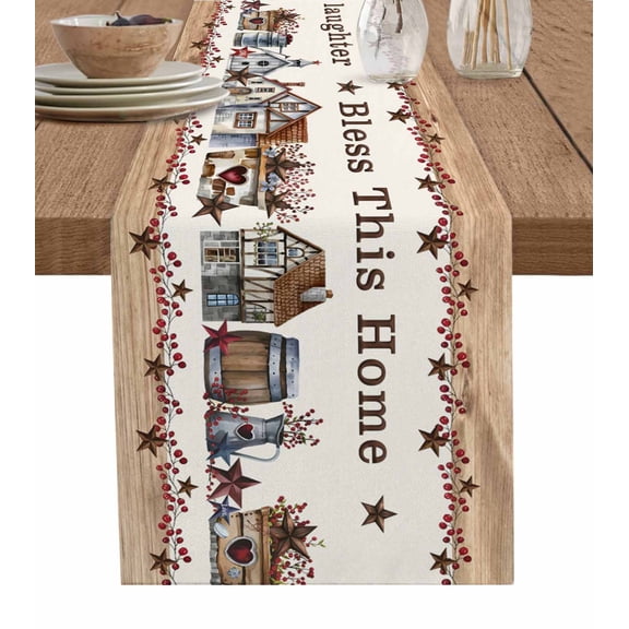 Table Runner Dresser Scarf 13 x 48 Inch Bless This Home Farmhouse Country Star Barn Bucket Berry Table Runners Non-Slip Heat Kitchen Dining Table Decor for Indoor Outdoor Home Party Decoration