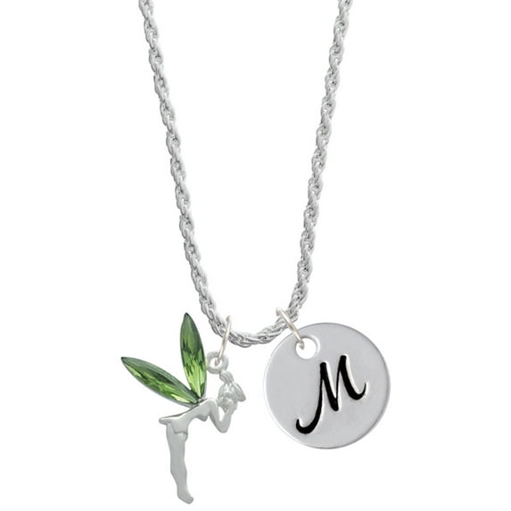 Delight Jewelry Silvertone Large Fairy with Lime Green Wings Silvertone Script Initial Disc - M - Charm Necklace, 20"+3"