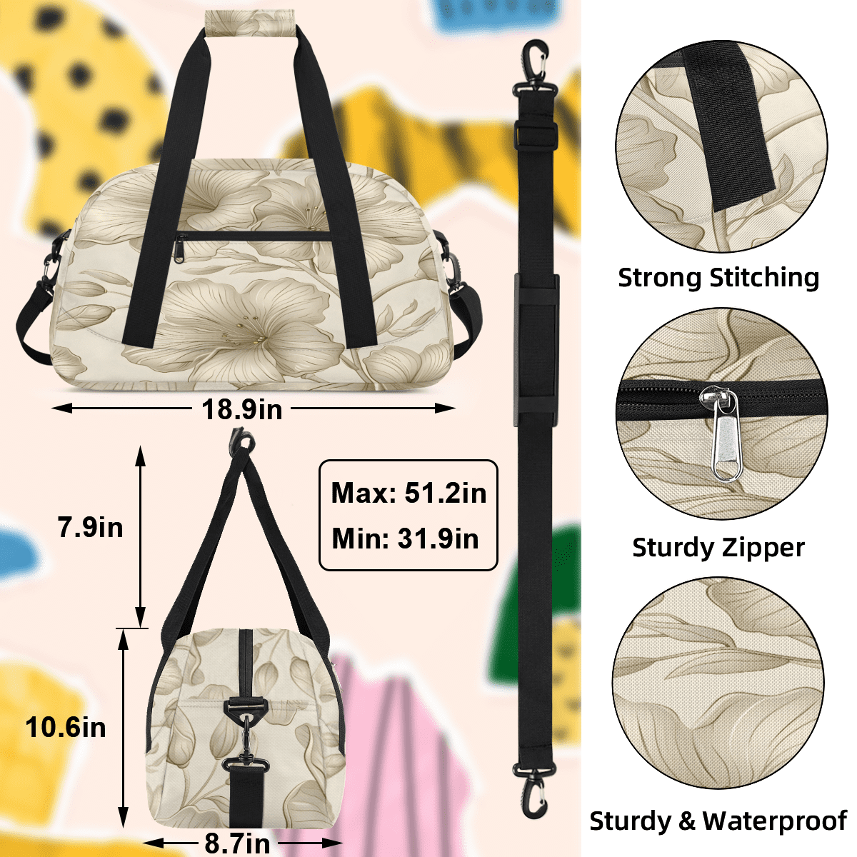 Herdesigns Beige Flower Sports Duffle Bag for Women & Men, Modern Floral Gym Bag Dance Bag Overnight Bag Carry On Weekender Travel Bag