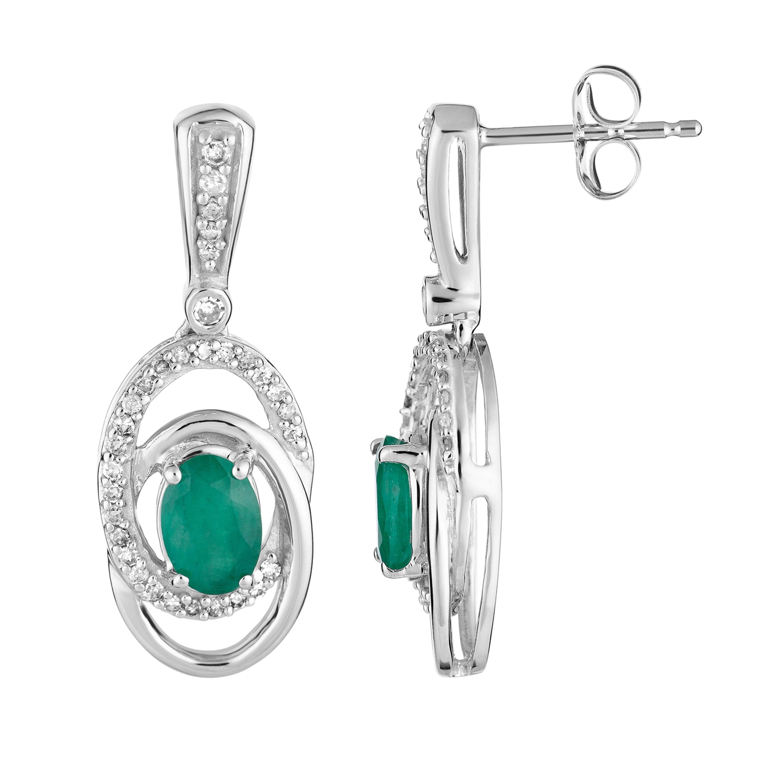 10k White Gold Emerald & 1/5 Carat T.W. Diamond Interlocking Hoop Drop Earrings