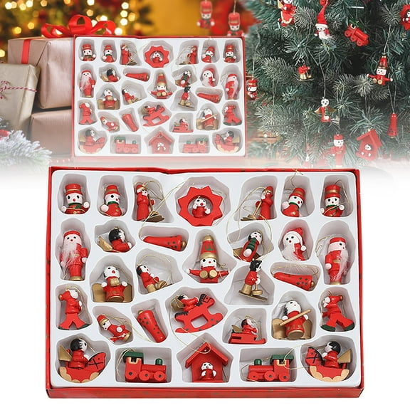 Wooden Christmas Ornaments,Advent Calendar Wooden Ornaments,30 Pieces Mini Wooden Figures Haning Ornaments for Christmas Tree Advent Calendar Stuffers Fillers Hanging Vintage Miniature Decorations