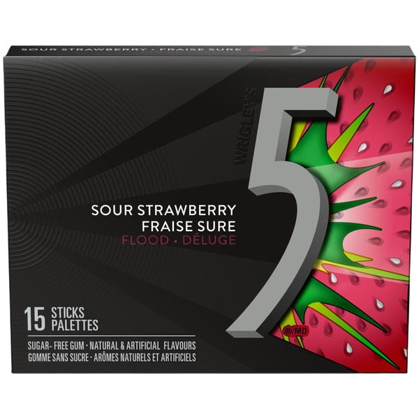 WRIGLEY’S 5 STRAWBERRY FLOOD GUM — 15 STICKS PER PACK — 10 PACK VALUE BOX — LONG-LASTING SWEET STRAWBERRY SUGAR-FREE CHEWING GUM