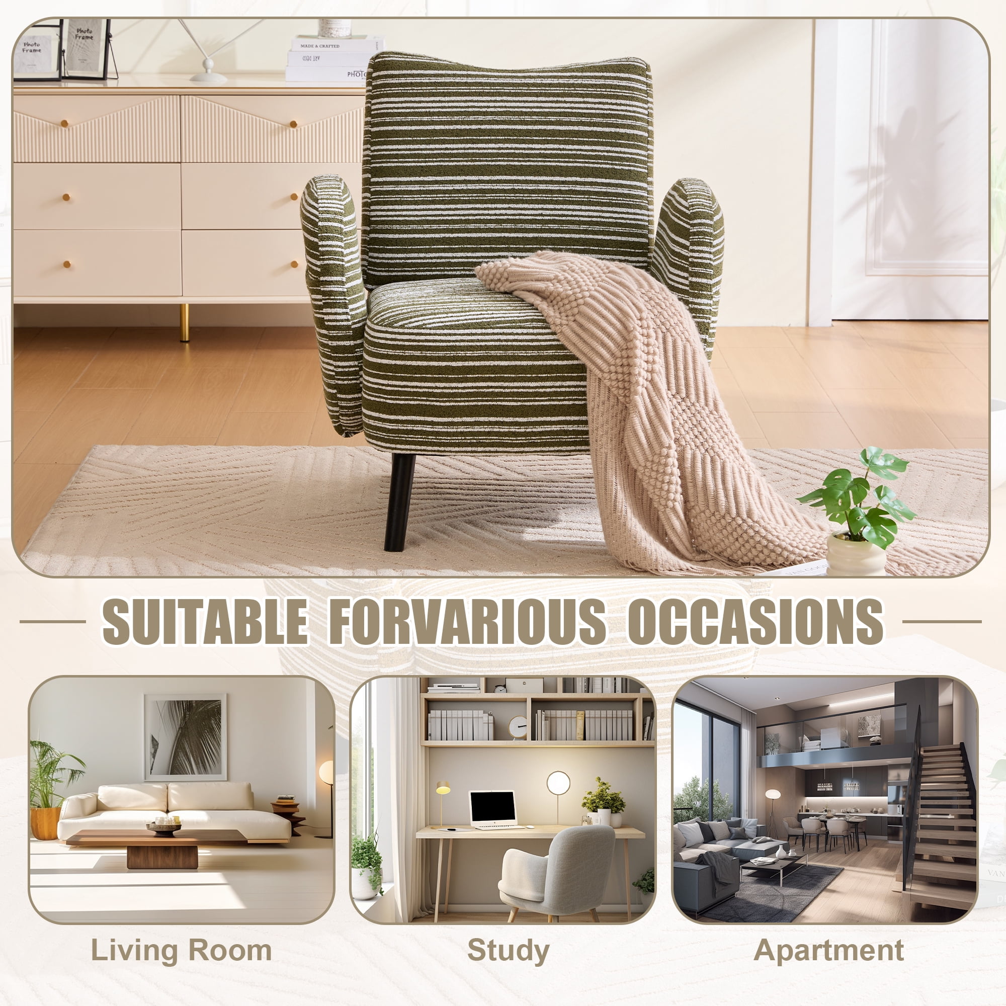 Leumius Accent Chair with Side Storage Pocket and Solid Wood Legs, Comfortable Reading Chair with Sanded Fabric for Living Room Bedroom Office Olive Green