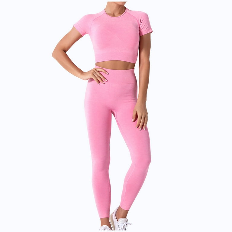 RQYYD Women's Workout Outfit 2 Pieces Seamless High Waist Yoga Leggings  with Long Sleeve Crewneck Crop Top Gym Clothes Set Hot Pink M