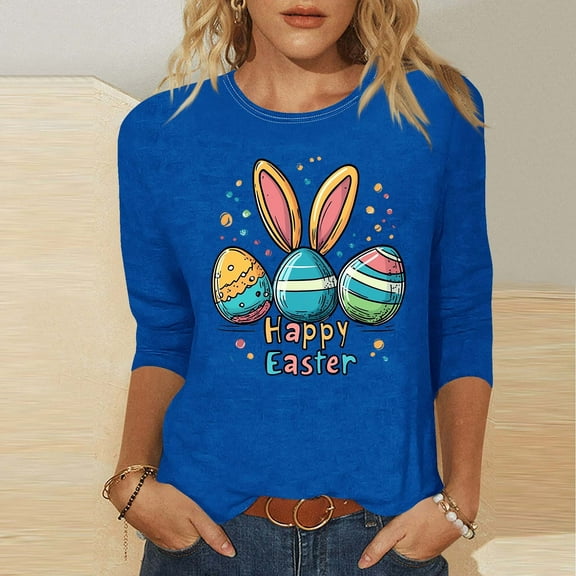 LYEAA Easter Celebration 3/4 Sleeve T-Shirt Women Cotton Round Neck Top Cute Bunny Graphic Spring Seasonal Gift Idea Casual Wear Blue S