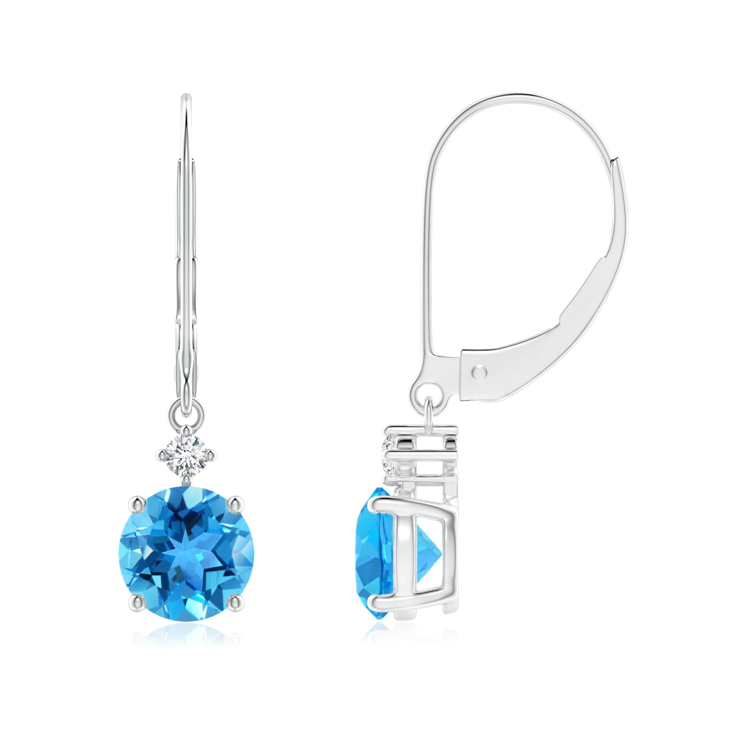1.9 Carats Solitaire Swiss Blue Topaz Dangle Earrings with Diamond For  Women in 14K White Gold (6mm Blue Topaz)