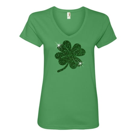 - St. Patricks Green Glitter Lucky Four Leaf Clover Ladies' V-Neck Shirt