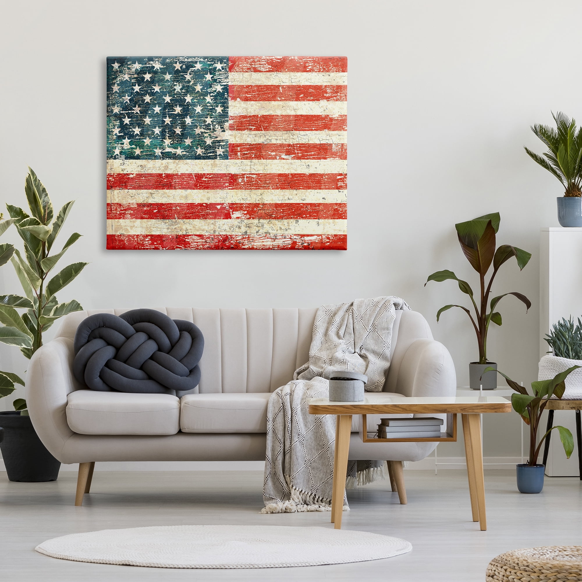 Stupell Industries Rustic American Flag Town & City Painting Gallery Wrapped Canvas Print Wall Art, 48 x 36