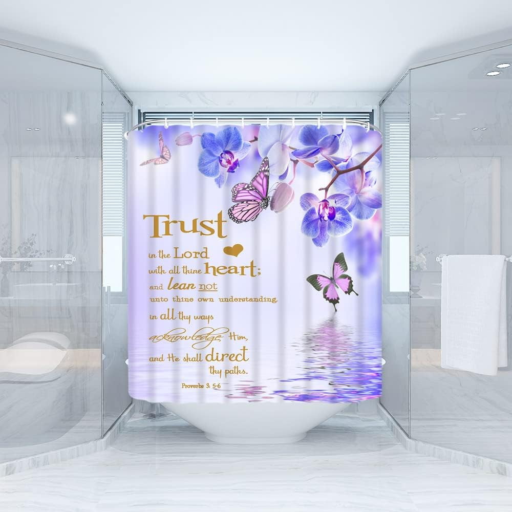 Inspirational Quote Shower Curtain Purple Blue Flower Butterfly Trust in The Lord Motivational Words Nature Creative Rustic Bathroom Decor Fabric Curtain with Hooks