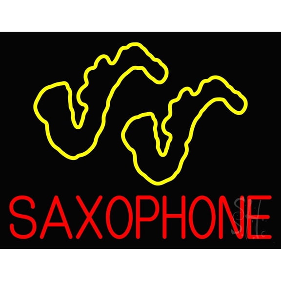 Yellow Saxophones LED Neon Sign 24" Tall x 31" Wide - inches Black Square Cut Acrylic Backing, with Dimmer - Premium built indoor Sign for Studio, Club, Home décor, Event, Workshop, Storefront.