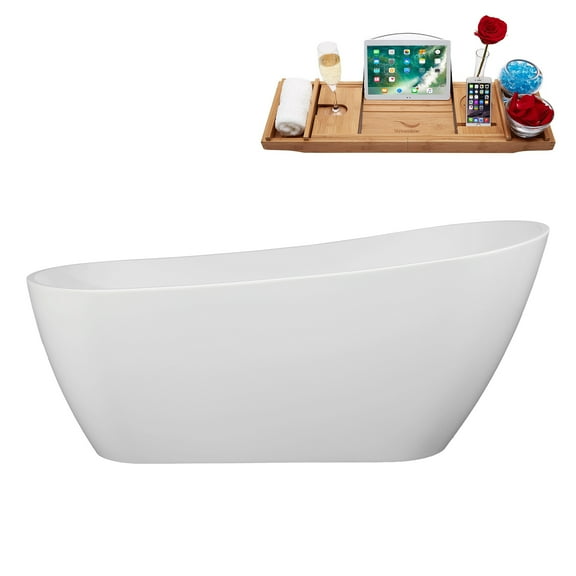 67" Streamline B-316-90-WH Soaking Freestanding Tub and Tray With Internal Drain in Glossy White
