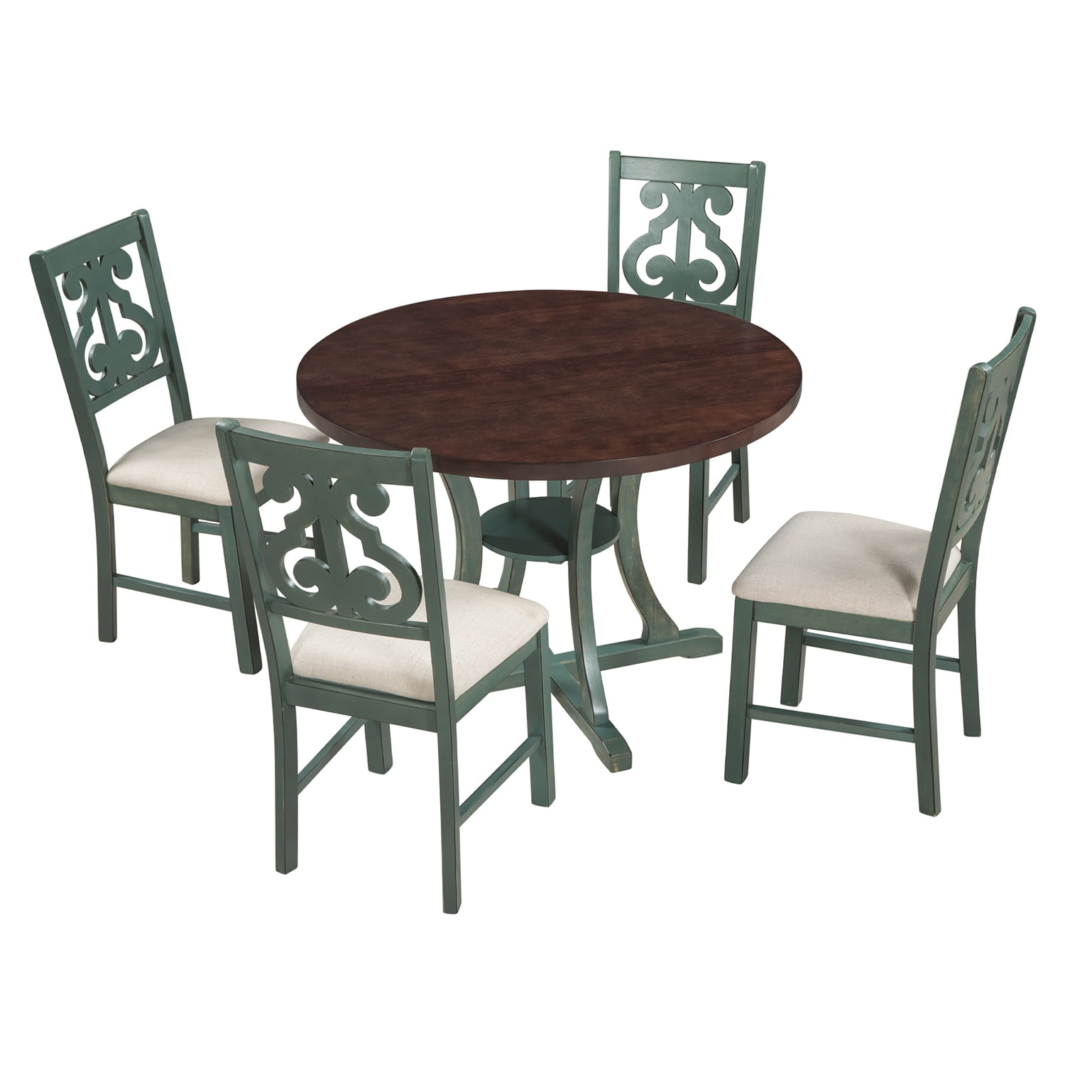 Kepooman 5-Piece Round Dining Table and Chair Set, Dining Table Set for Dining Room, Compact Kitchen Table Set for Home, Antique Blue Kepooman 5-Piece Round Dining Table and Chair Set, Dining Table Set for Dining Room, Compact Kitchen Table Set for Home, Antique Blue