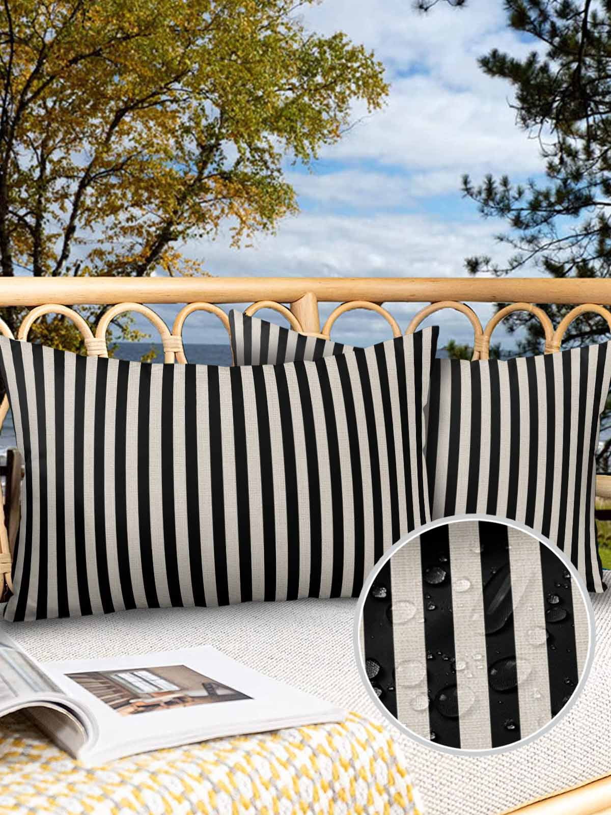 Outdoor Waterproof Throw Pillow Covers Set of 2 Black Stripes Pillowcases Lumbar Outdoor Pillows Cushion Case 20x12 Inch Linen Classic Vertical Striped Patio Pillows for Couch Sofa Bed Garden