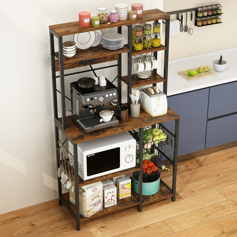 Ktaxon 6 Tier Bakers Rack for Kitchen with Storage Shelf and Power Outlet Microwave Oven Stand Coffee Bar Station Rustic Brown