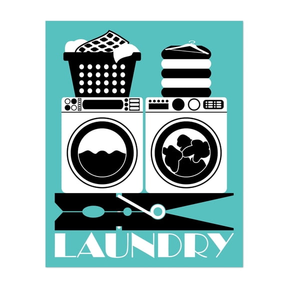 Retro Laundry Sign - Turquoise, Black and White - Digital Art Modern Art Pop Art Abstract Typography Humor Unframed Wall Art Print 4 x 6 inches