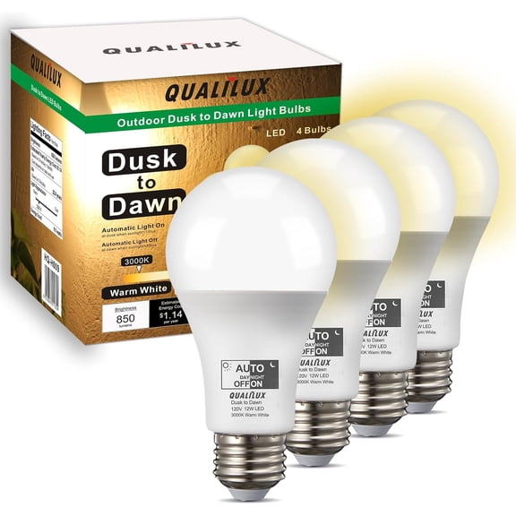 Dusk to Dawn A19 LED Light Bulbs Outdoor, Automatic On/Off, 60W Equivalent, Warm White 3000K, Energy Efficient 9.5W, 850 Lumen, E26 Base, 4-Pack, HQ-H009
