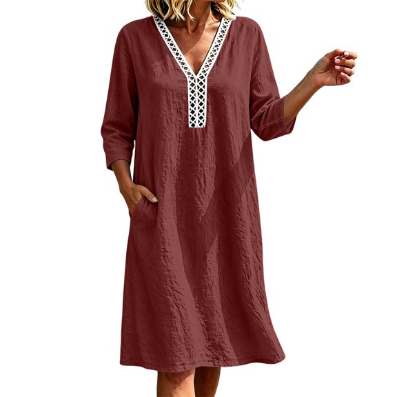 Lnmiateer Women Relaxed Midi Dress Deep V‑Neck 3/4 Rolled Sleeve Crochet Trim With Pockets Beach Vacation Going‑Out Outfit