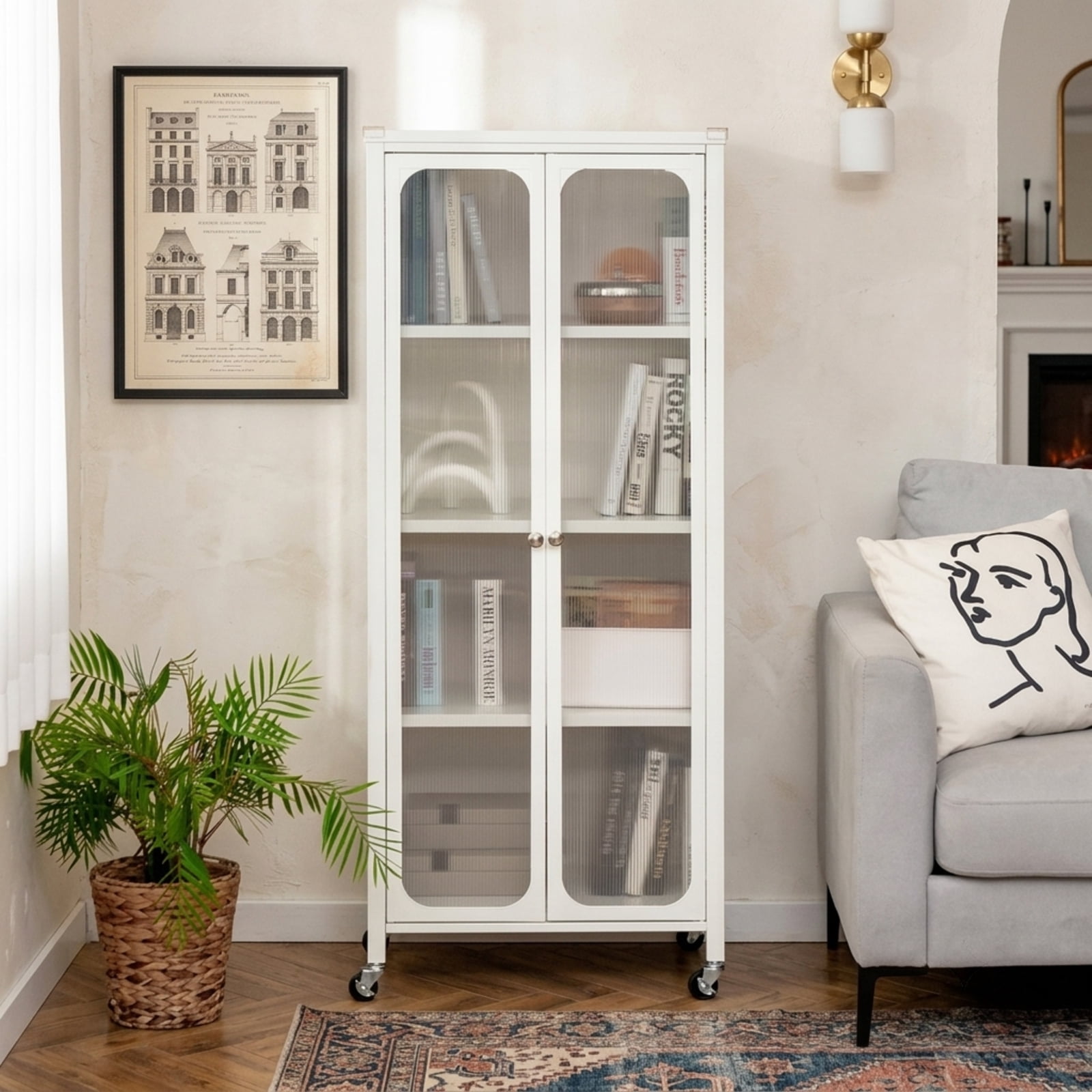 Furnibear Rolling Storage Cabinet with Doors Adjustable Shelves and Wheels Tall Metal Pantry for Kitchen Bathroom and Living Room, White