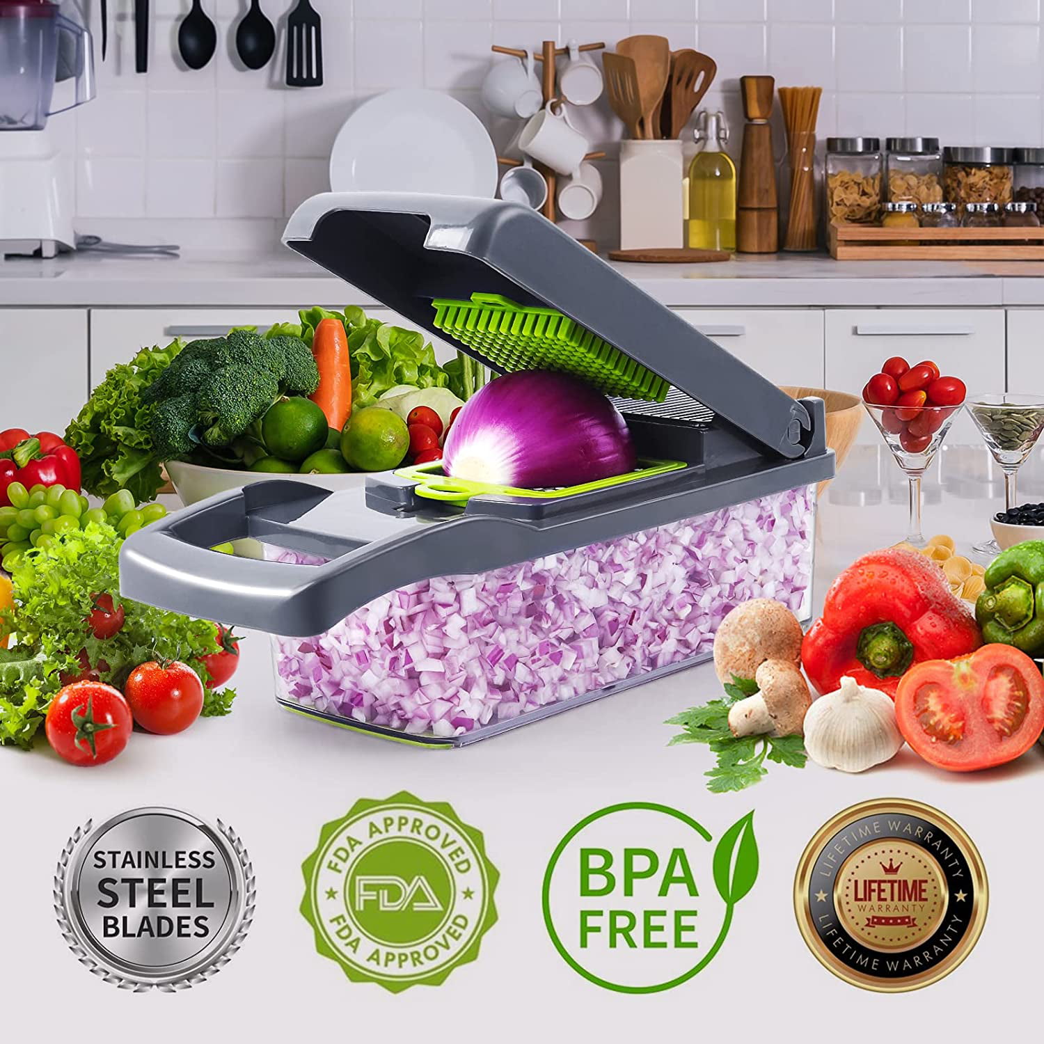 Vegetable Chopper,Prouneed Multifunctional 13-in-1 Food Choppers Onion Chopper  Vegetable Slicer Cutter Dicer Veggie chopper with 8 Blades,Colander  Basket,Container for Salad Potato Carrot Garlic 