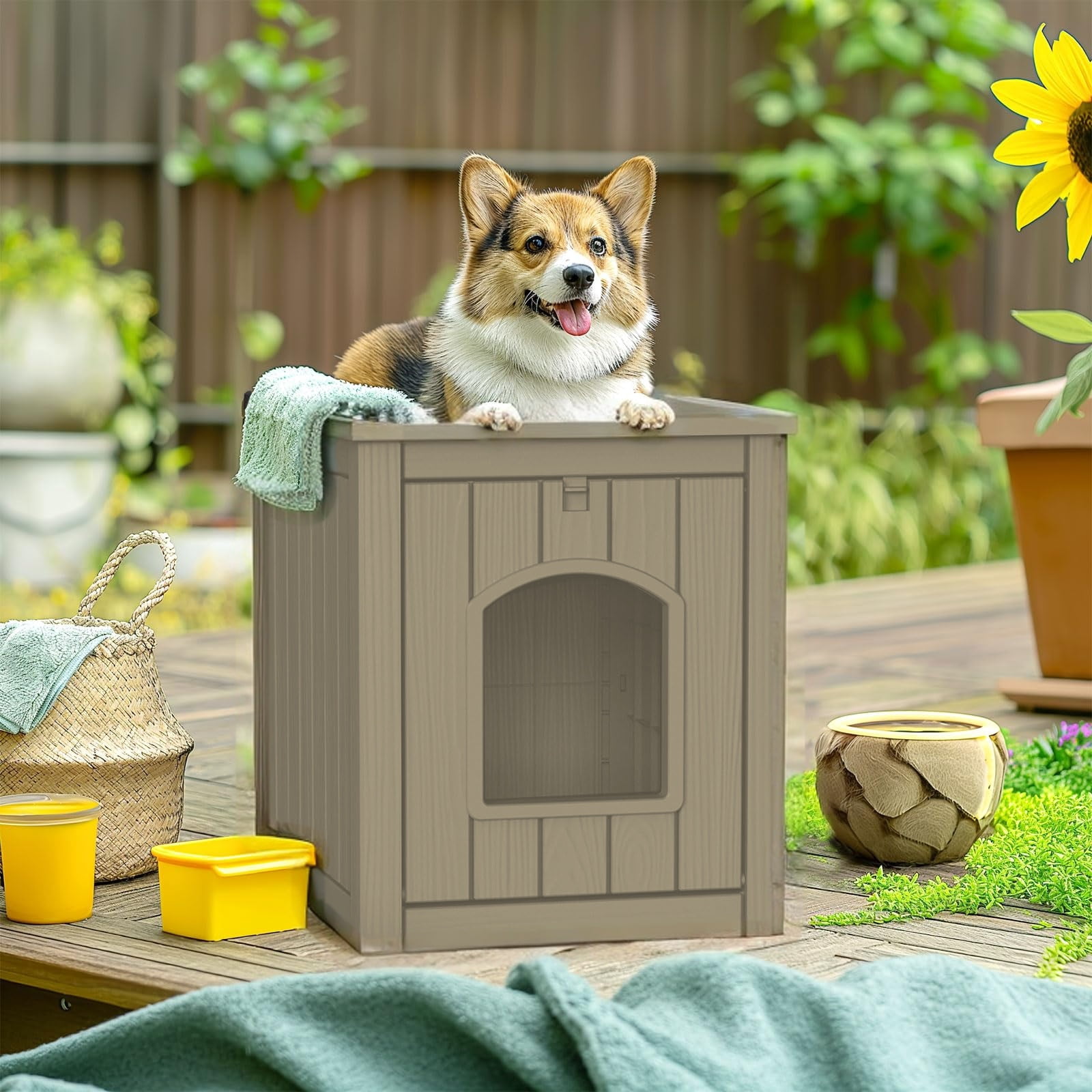 FICARTS Enclosed Resin Dog House - Ventilated, Waterproof Bottom, Multi - Functional for Small to Medium Dogs, Light Brown (Medium)