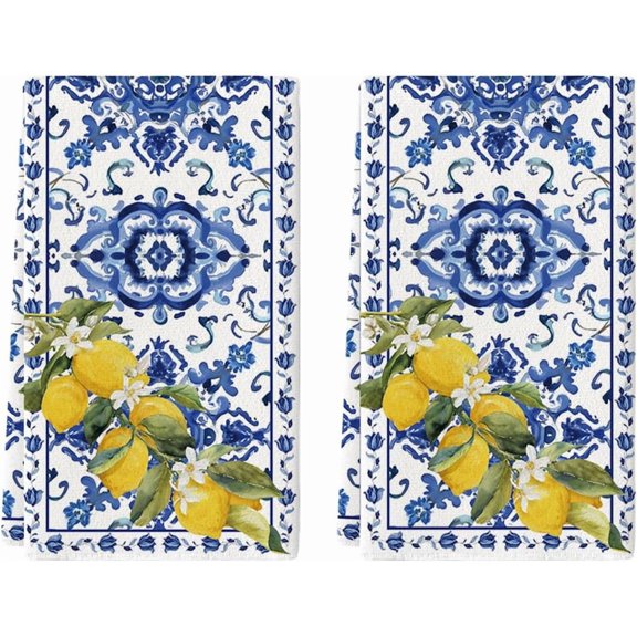 Blue Lemon Porcelain Summer Kitchen Towels Dish Towels, 18x26 Inch Farmhouse Decoration Cleaning Set of 2