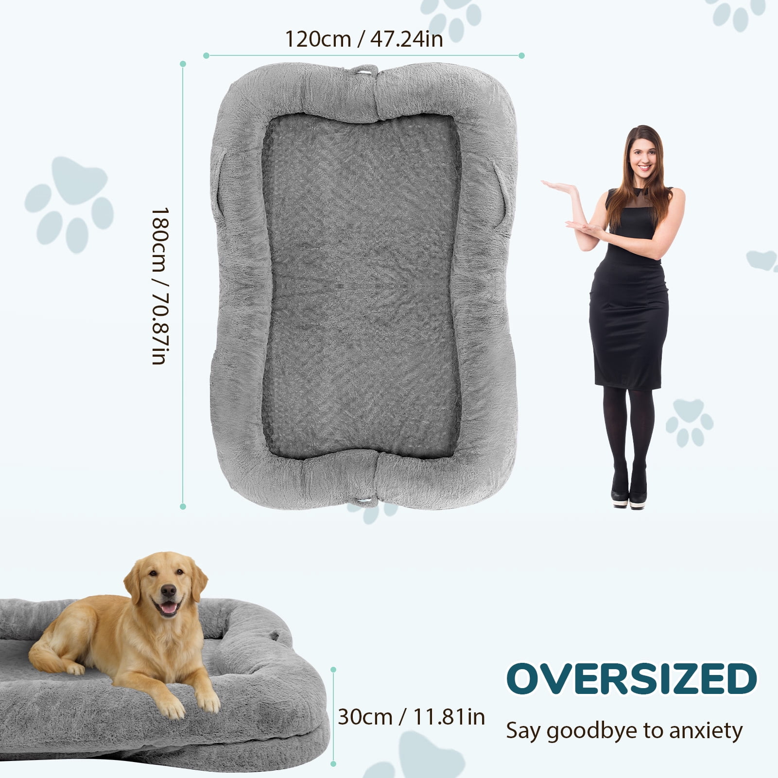 Large Washable Dog Bed Plush Faux Fur Pet Bed with Storage Pocket Non Slip Bottom for Home Decor Comfort