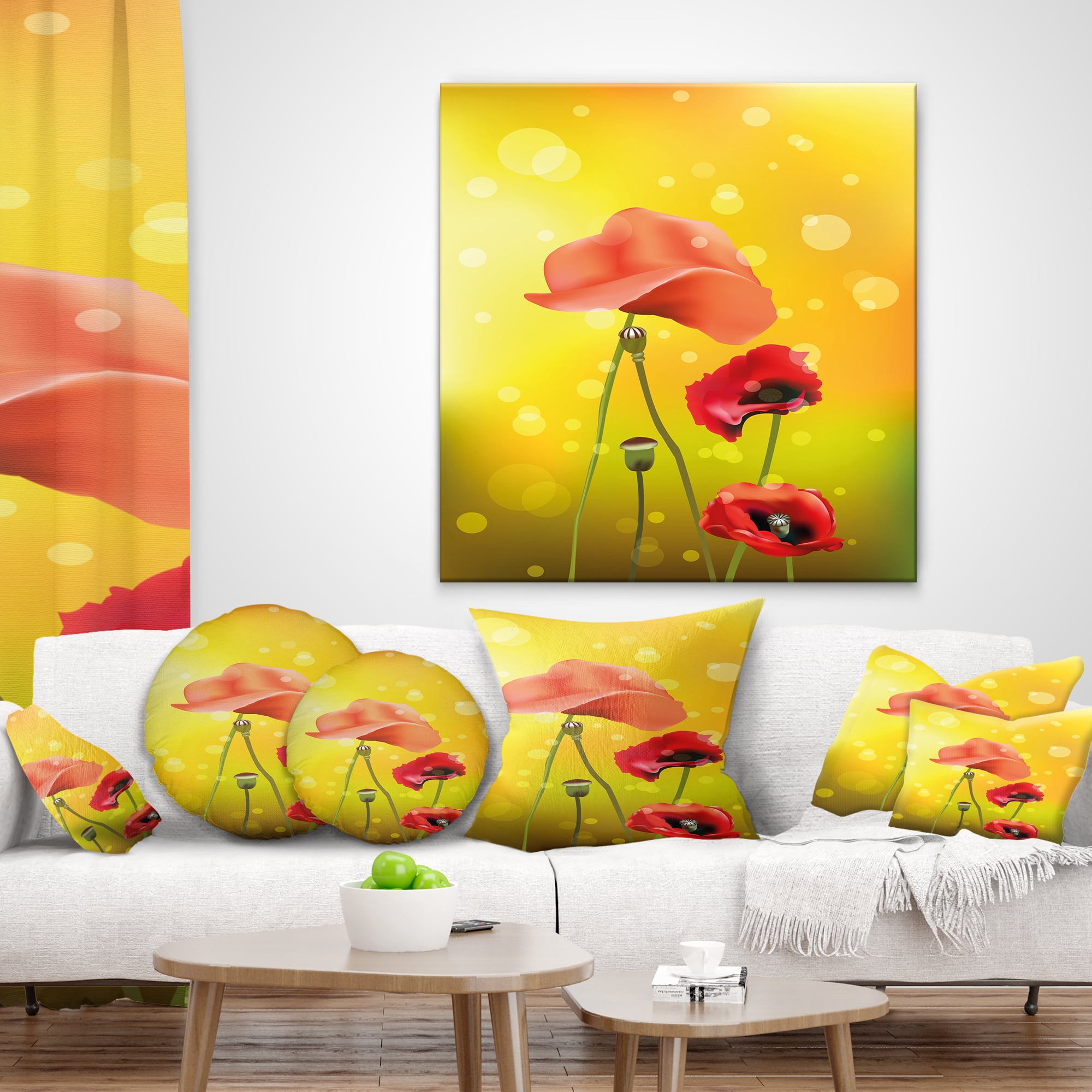 Designart Red Flowers on Yellow Background - Floral Throw Pillow - 16x16