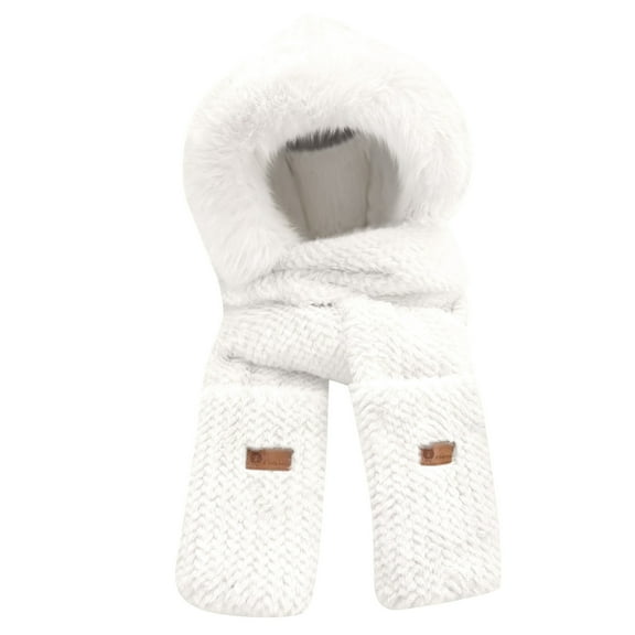 Solid Color Hooded Scarf Hat with Mitten Pockets 3 in 1 Knit Winter Accessory White One Size