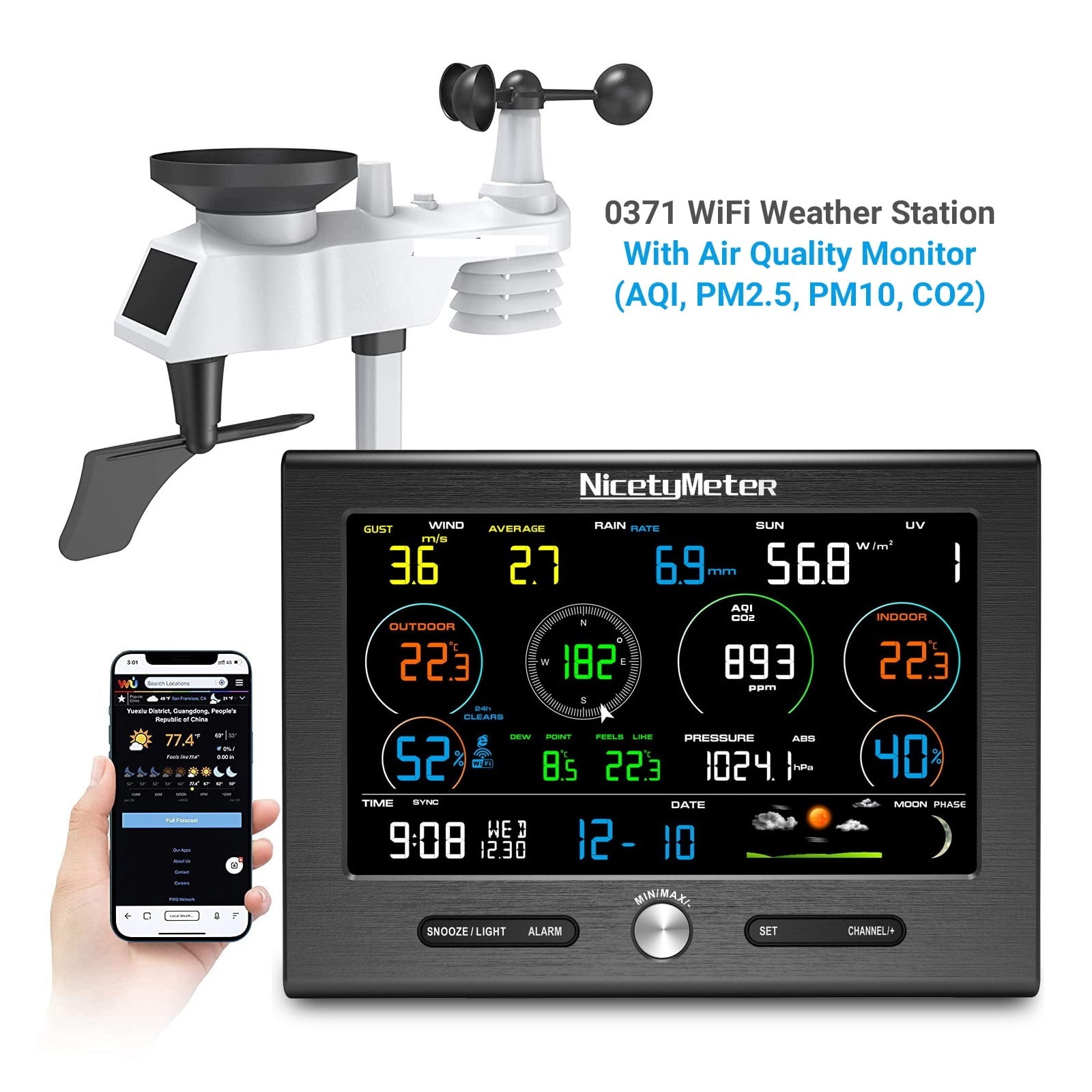 0371 Weather Station Outdoor Sensor Weather Forecast Base Detector Indoor AQI PM2.5 PM10 Co2 Monitor ,Easy to Install
