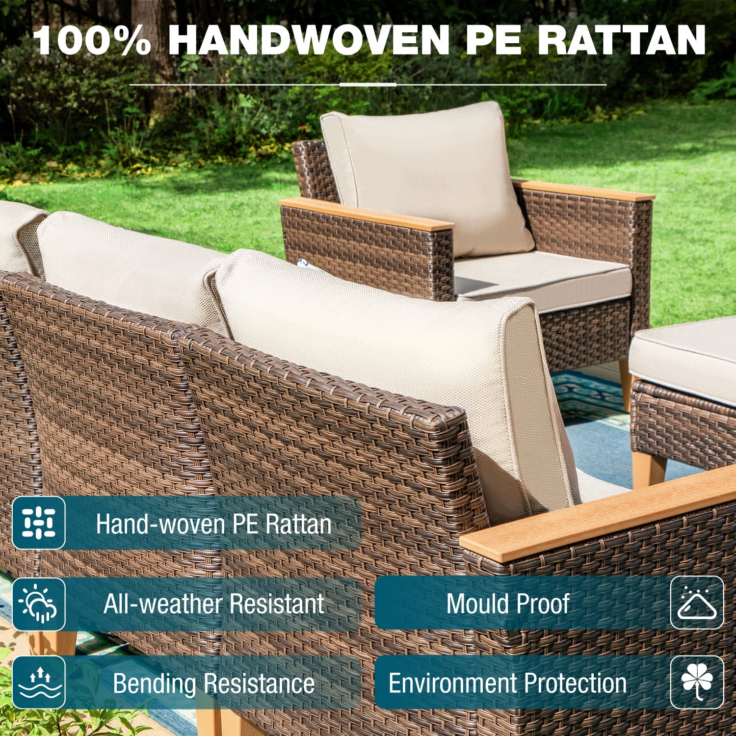 Summit Living 9 Piece Outdoor Patio Conversation Set Outdoor Furniture Sectional Wicker Sofa Set with Beige Cushions