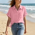 thumbnail image 2 of Tqcoqu Women's Cotton Linen Button Down Shirt,V Neck Short Sleeve Blouse,Business Casual Collared Summer Tops with Pocket,Pink Women's S-XXL, 2 of 7