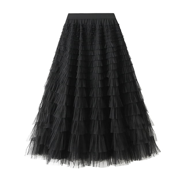 Miqool Womens A-Line Skirt Mesh Layered Hem Multilayer Tiered Puffy Ruffles Tulle Midi Skirt