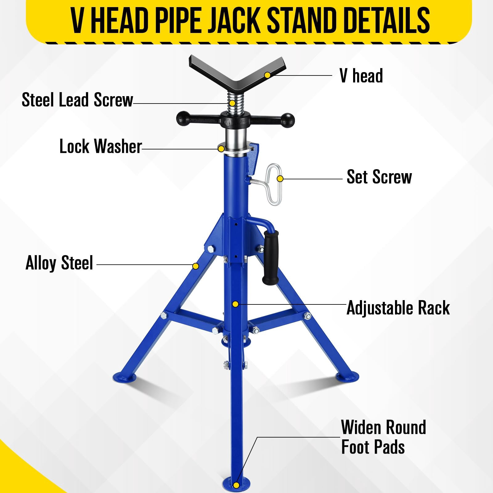 Mescukay 2500 LBS V-Head Pipe Jack Stand, Heavy Duty Steel Jack Stands with Folding Legs, 28"-52" Adjustable Height Portable Tripod Pipe Stands for Welding, Pipe Threading