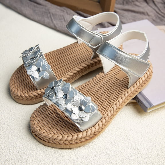XinghaiYIDE Girls Metallic Flower Espadrille Sandals,Toddler/Little Kid Open-Toe Summer Shoes,Adjustable Ankle Strap Casual Beach Sandals,Non- Flat Espadrilles for Outdoor Play