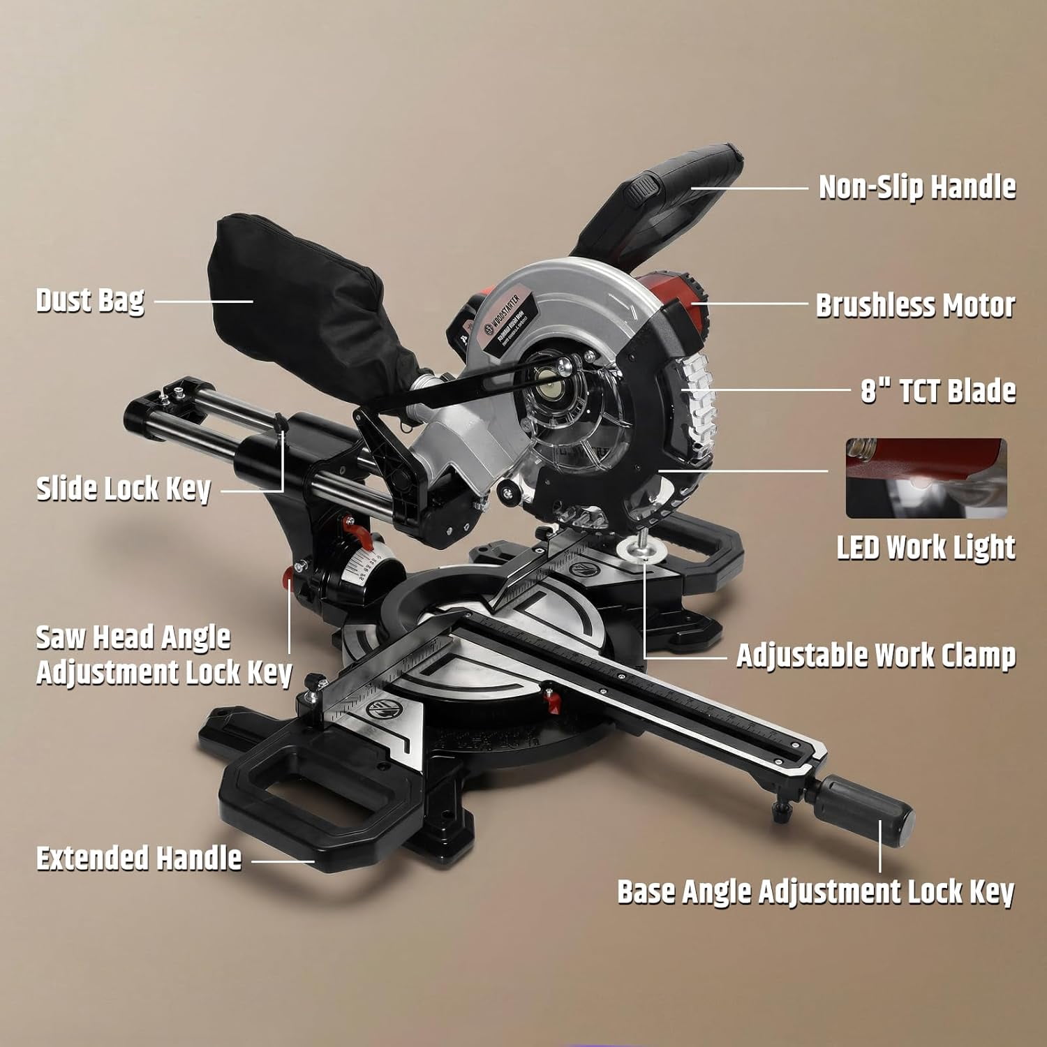 WOODSTARTER Cordless Sliding Miter Saw, Brushless, 4200 RPM, Battery & Charger Included