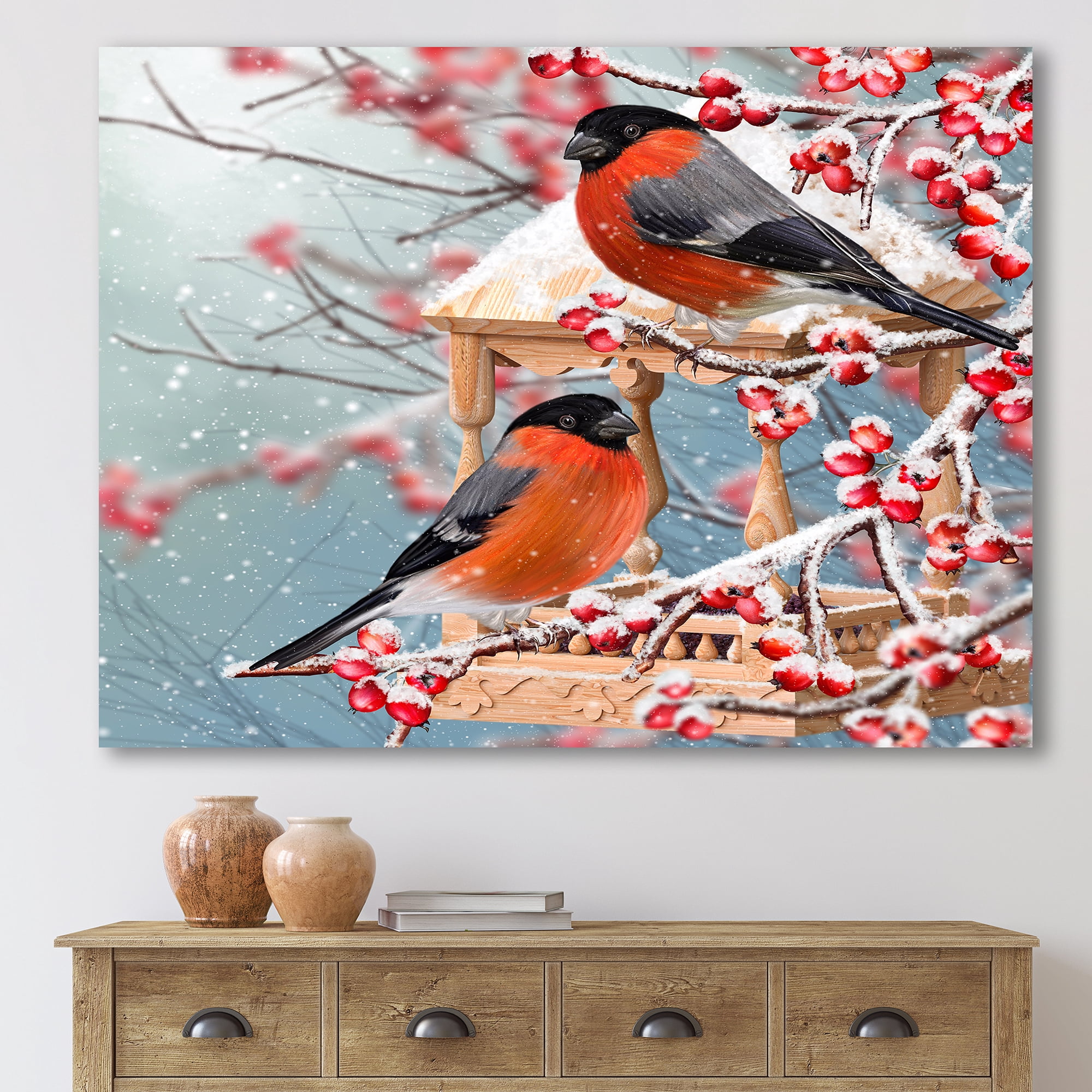 Designart ' Two Tits Sit On A Snow-Covered Berries Branch ' Traditional Canvas Wall Art Print