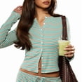 thumbnail image 2 of Women'S Striped 2 Piece Pants Outfits Long Sleeve Button Down Knit Top Set Leisure Vacation Green M, 2 of 9