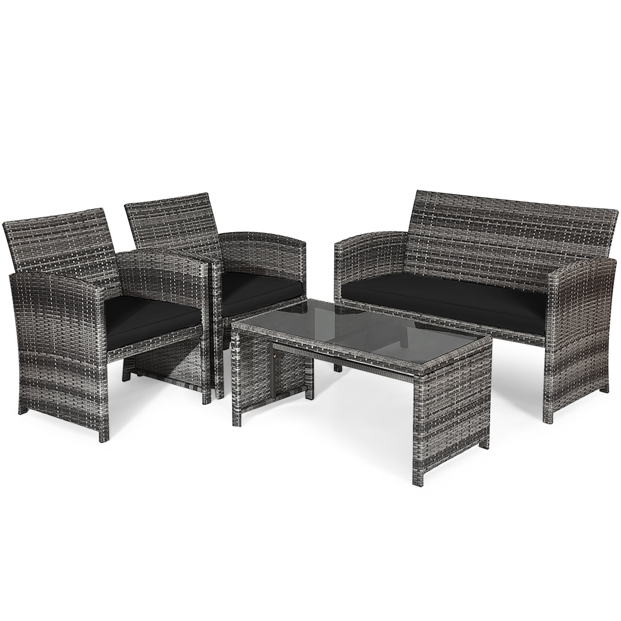 Costway 4PCS Patio Rattan Furniture Set Conversation Glass Table Top Sofa Cushioned, Black