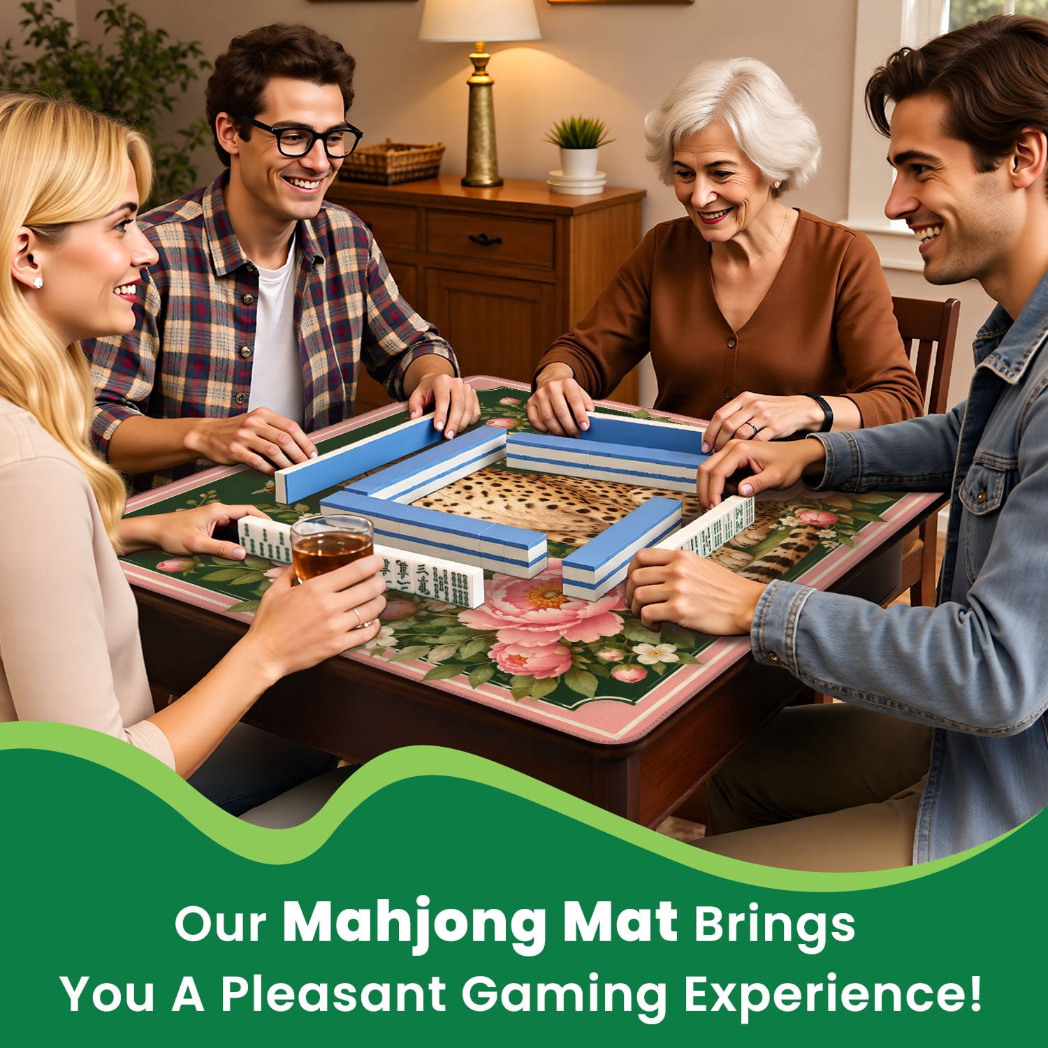 Mahjong Mat 31.5" x 31.5" Leopard Green Eyes Surrounded by Pink Flowers Bees Dark Green Non-Slip Noise Reduction Chic Portable Gaming Table Cover for Family Game Night & Gift